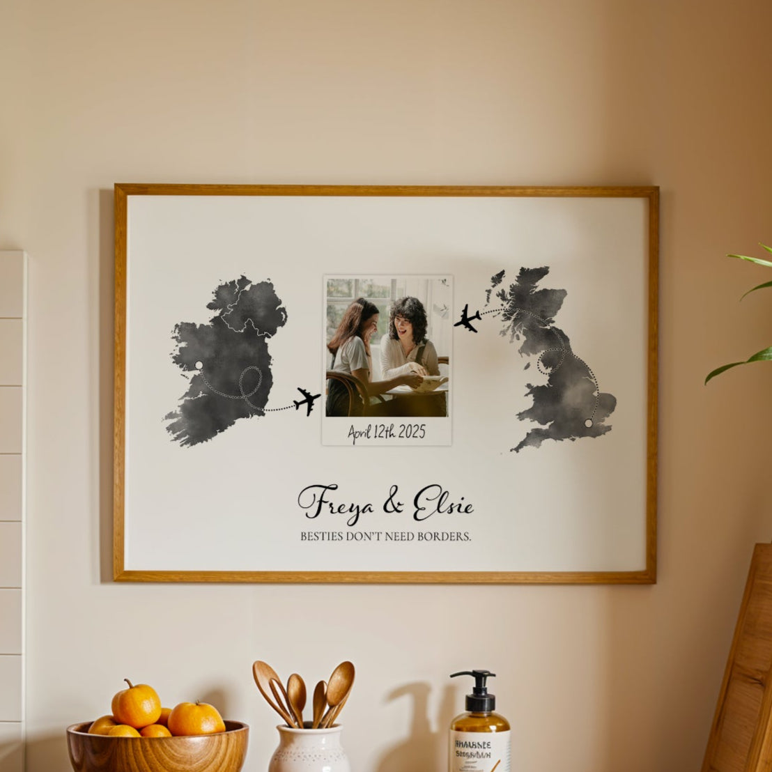 Personalised Polaroid Photo Travel Map Print – Any Two Locations – The Perfect Gift for Travel Besties