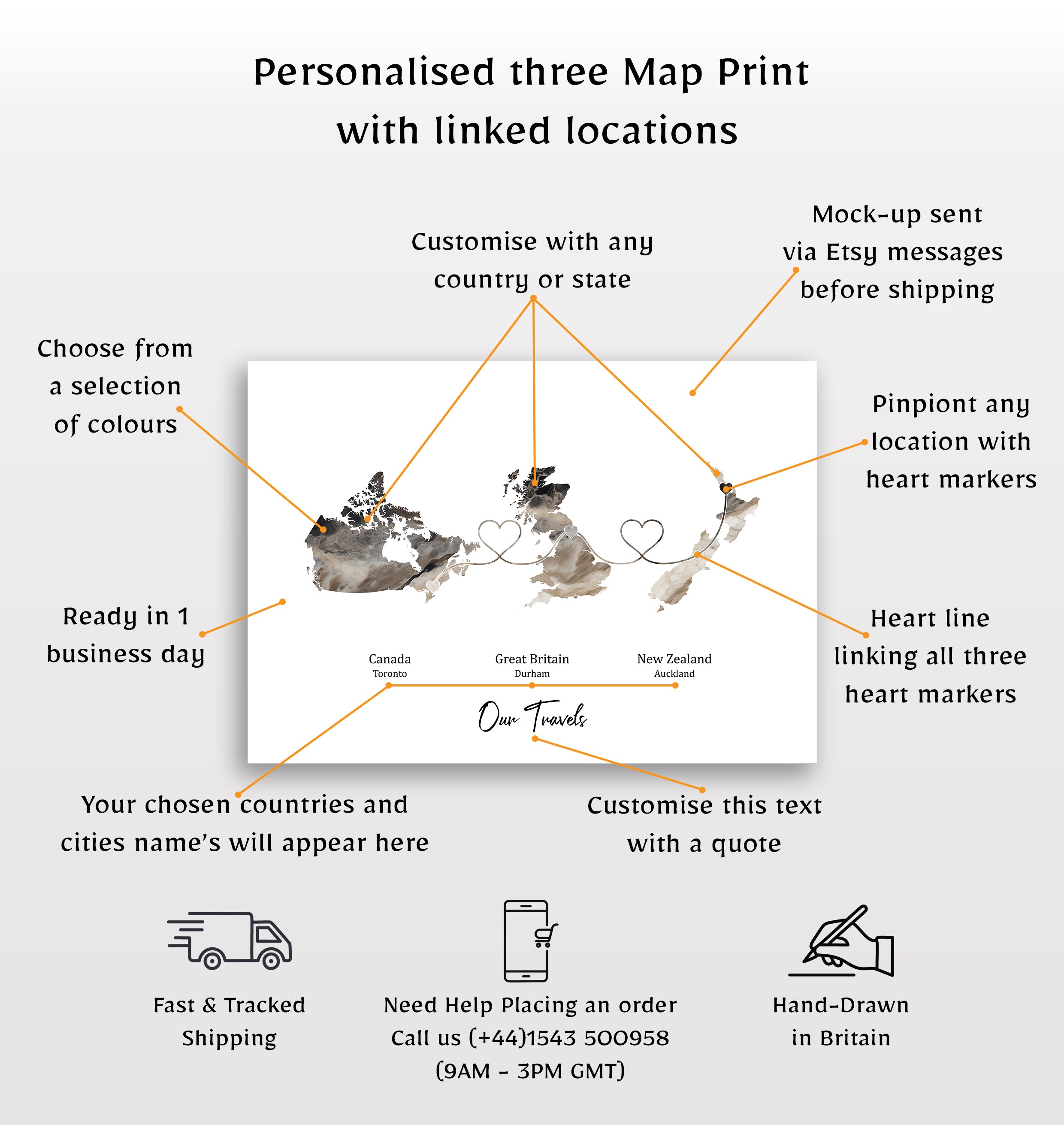Personalised Three Location Print 2.0 - Dark Marble Effect - Custom Line