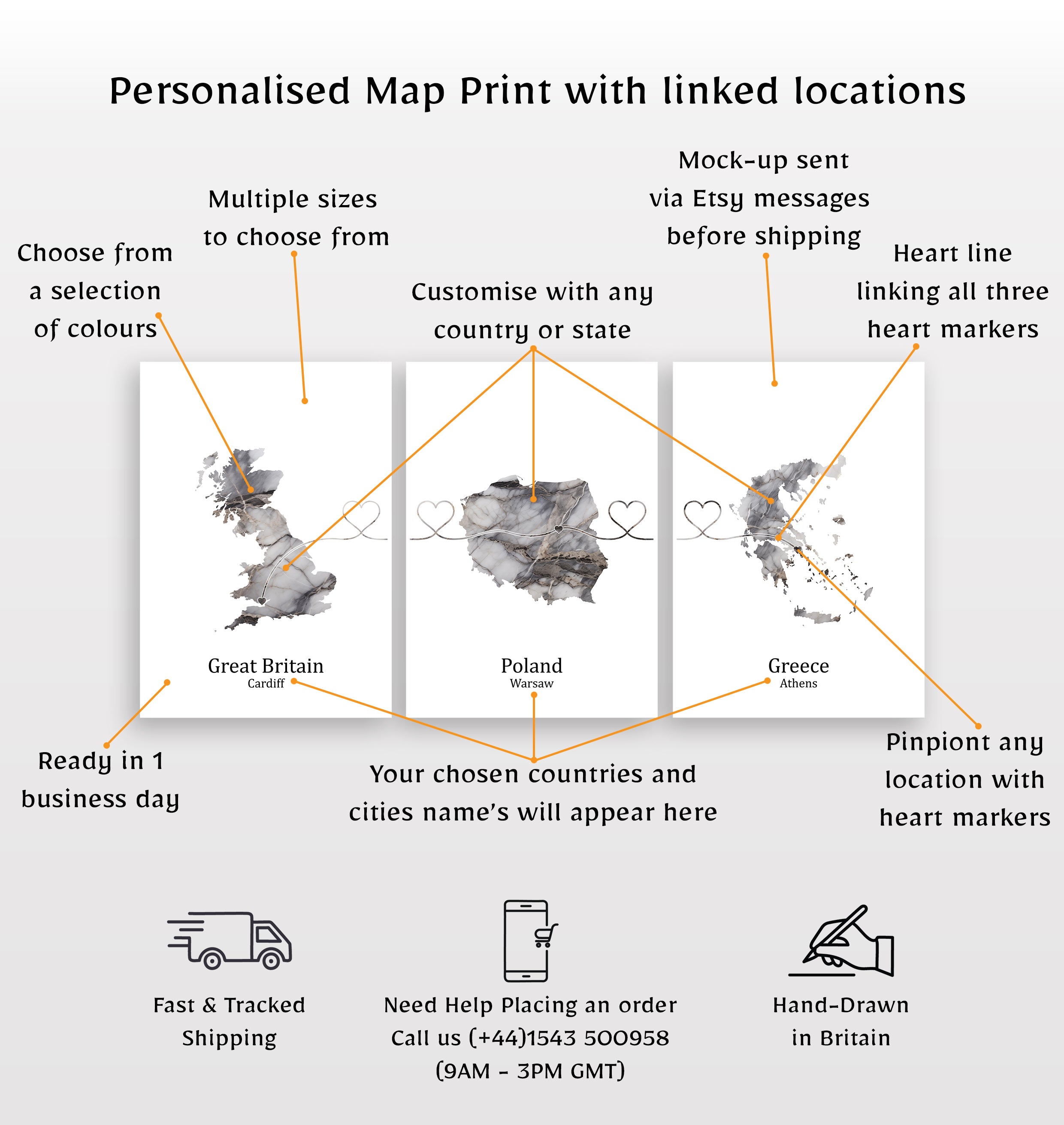 Personalised Dark Marble Effect Three Location Prints