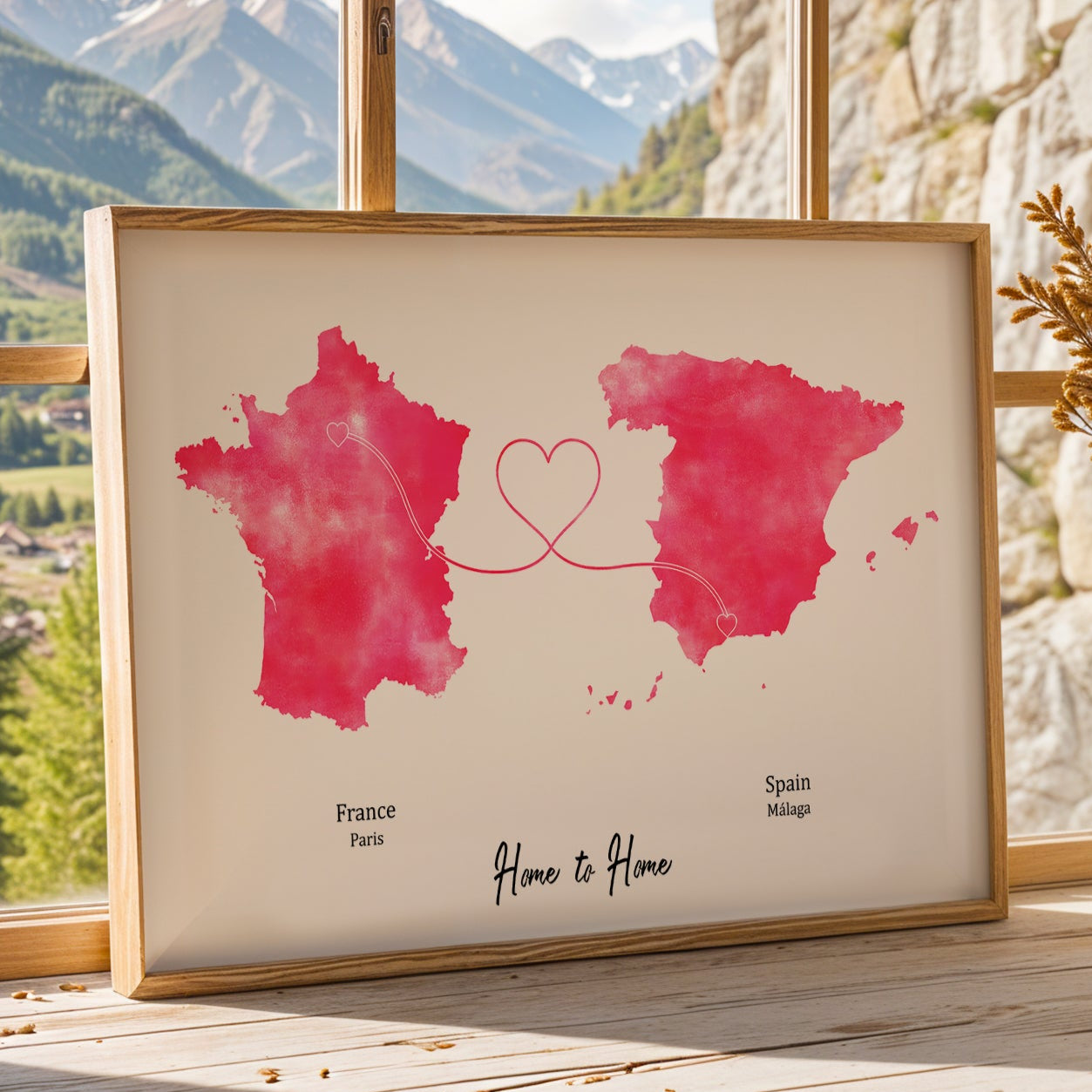Personalised Travel Map Print – Any Two Locations – Heart Link Design