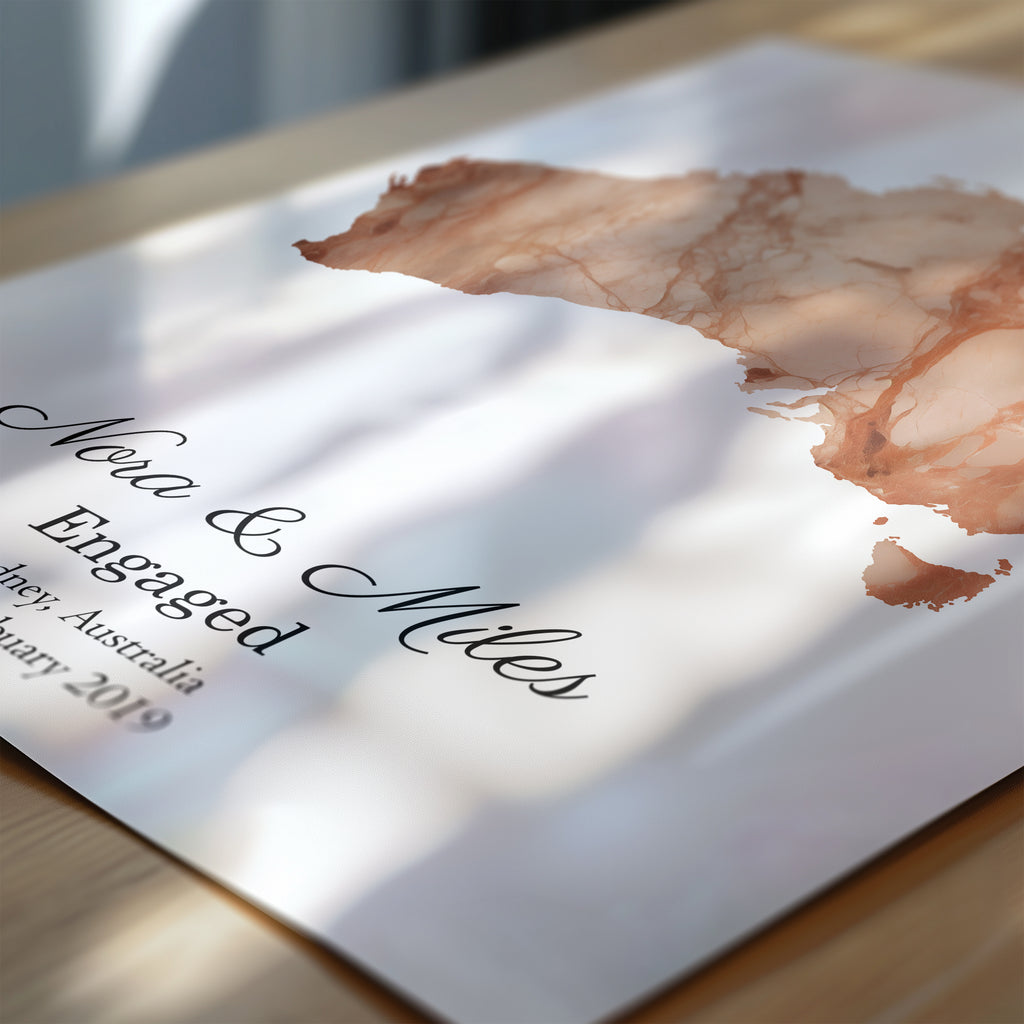 Personalized Engagement Light Marble Effect Map Print - Any Country