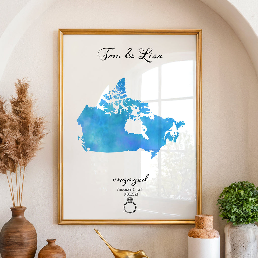 Personalized Engagement Map Print - Any Country - Poster - Available In 8 Different Colours