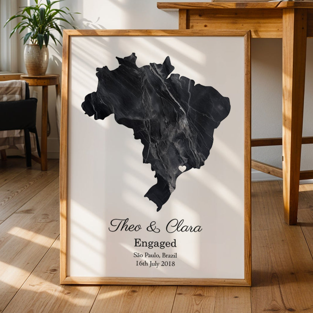 Personalized Engagement Dark Marble Effect Map Print - Any Country