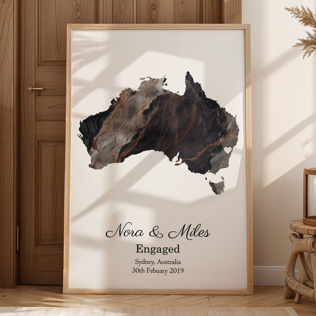 Personalized Engagement Dark Marble Effect Map Print - Any Country