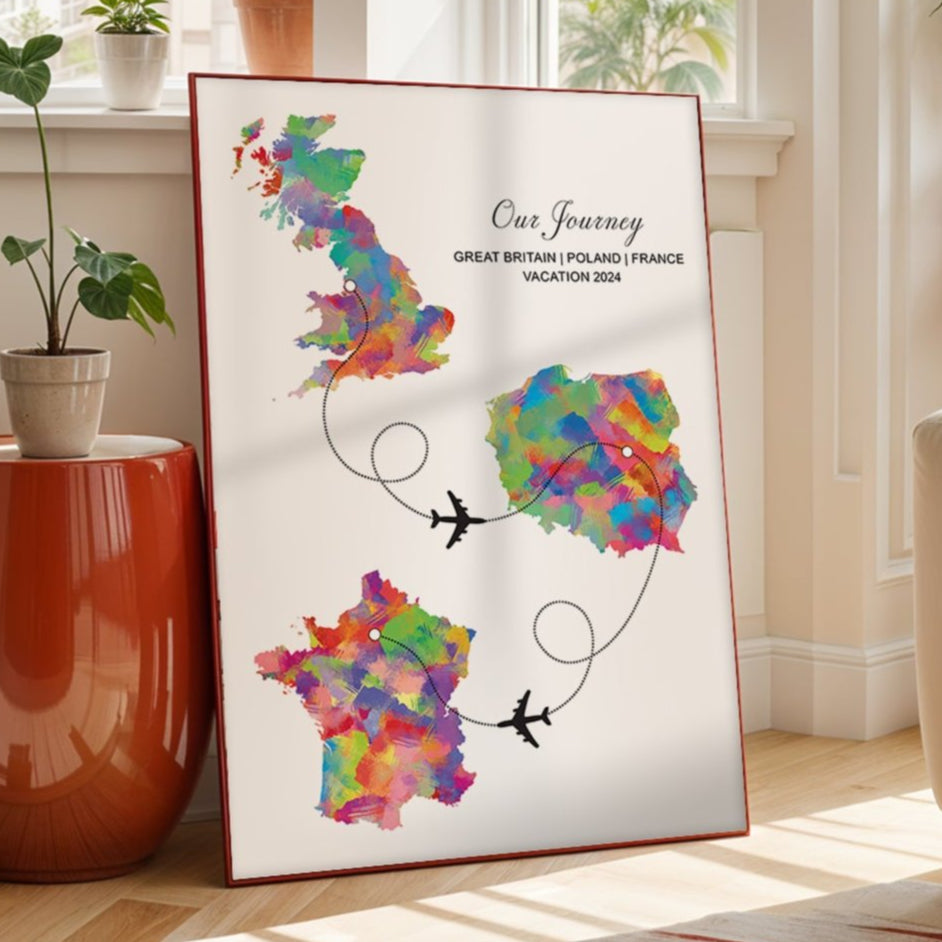 Personalised Three Location Portrait Print 2.0 - Custom Plane Line