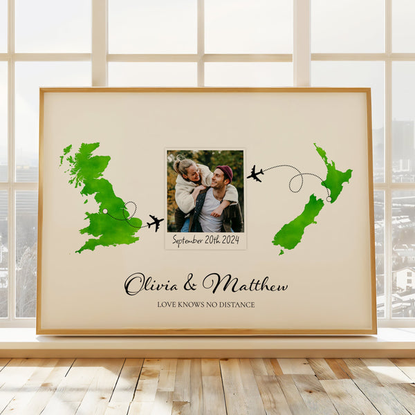 Personalised Polaroid Photo Travel Map Print – Any Two Locations – Perfect Anniversary or Wedding Gift