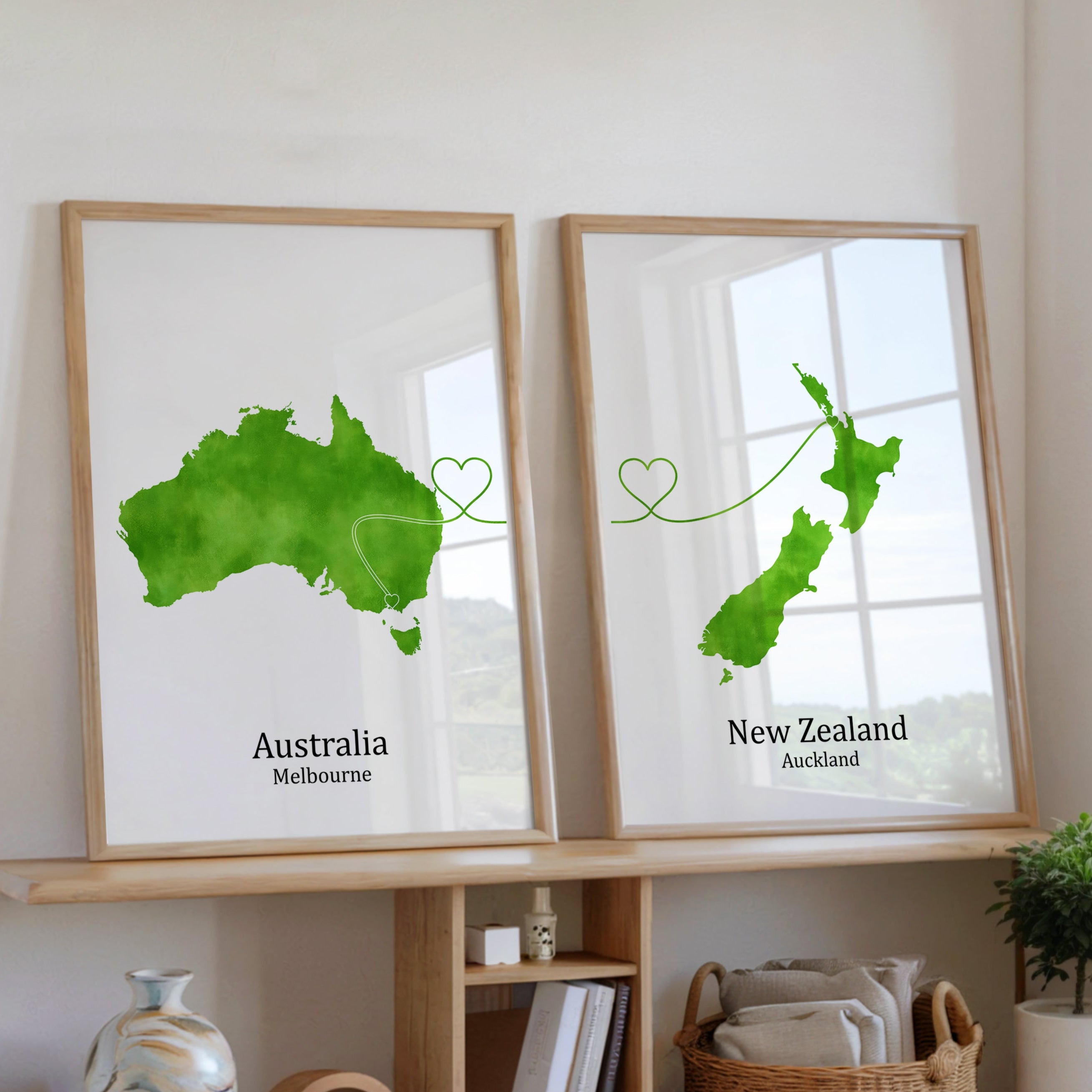 Personalized Country Travel Art Prints – Set of Two Posters – Heart Link Design