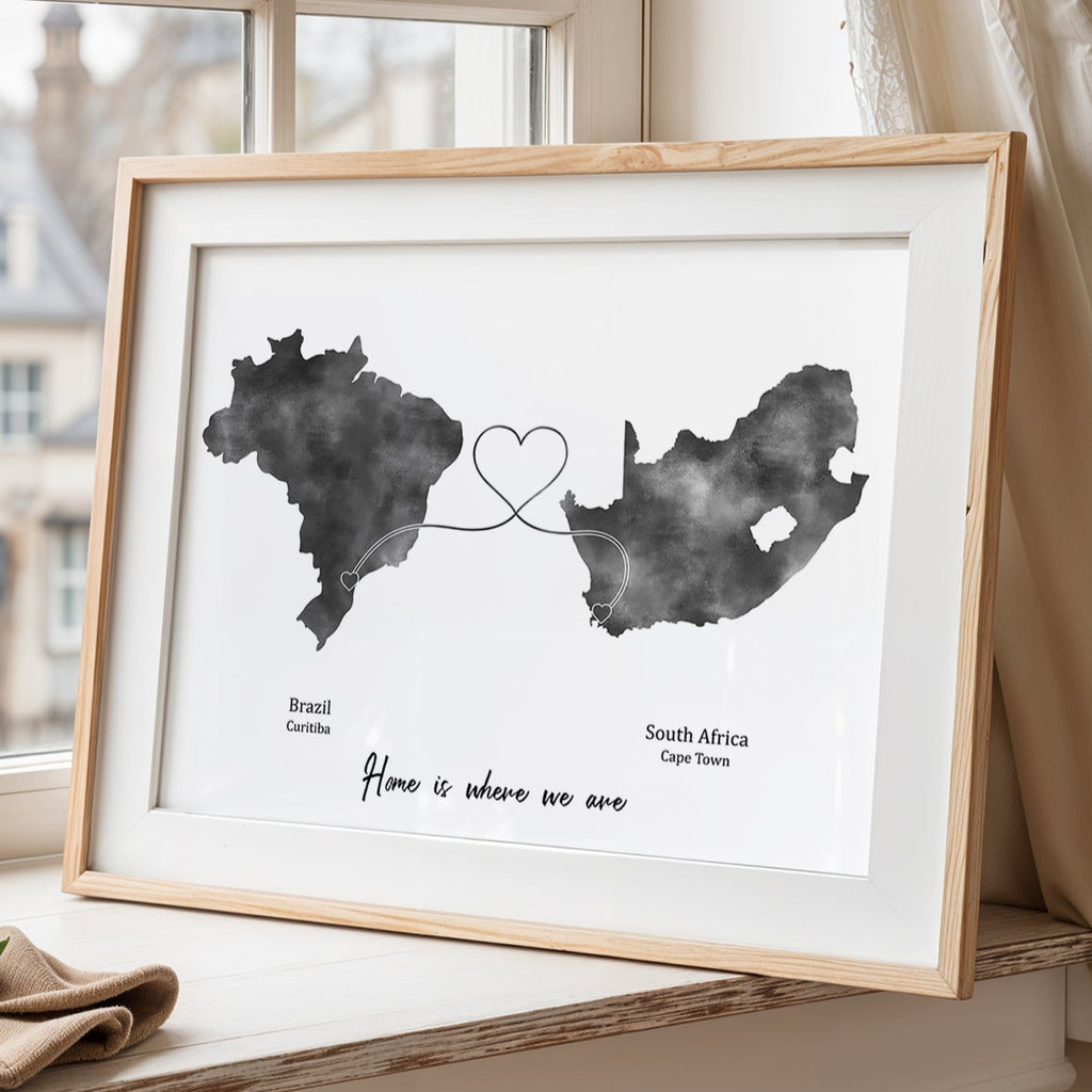 Personalised Travel Map Print – Any Two Locations – Heart Link Design