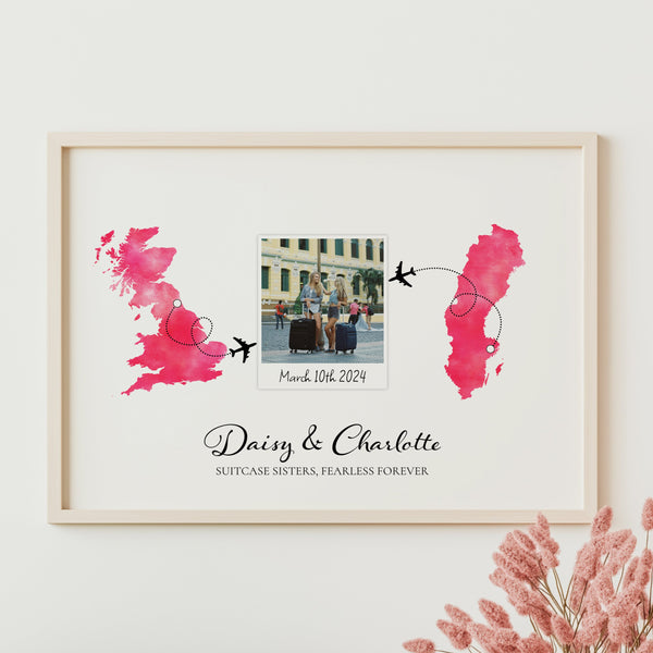 Personalised Polaroid Photo Travel Map Print – Any Two Locations – Perfect Travel Journey Gift