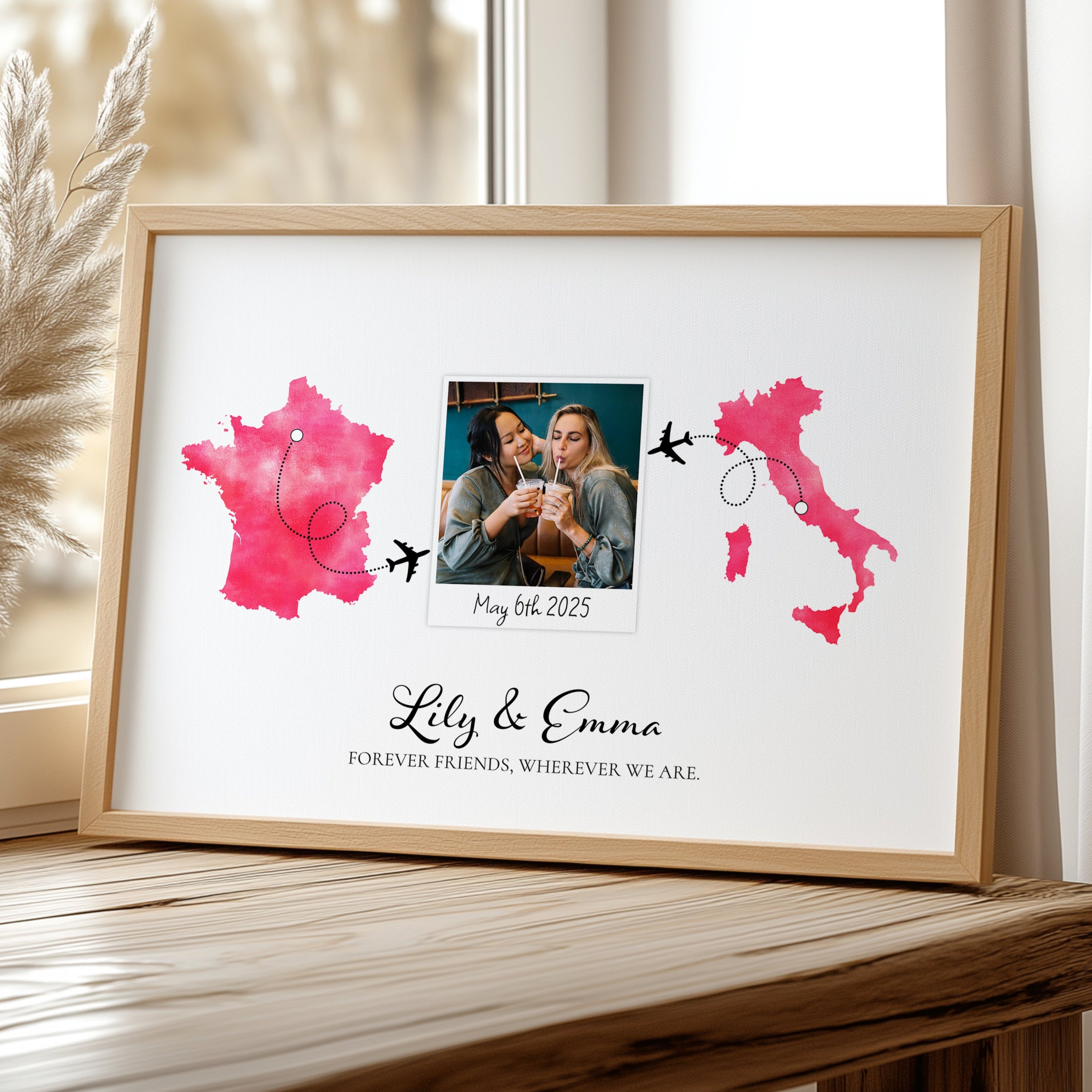Personalised Polaroid Photo Travel Map Print – Any Two Locations – The Perfect Gift for Travel Besties