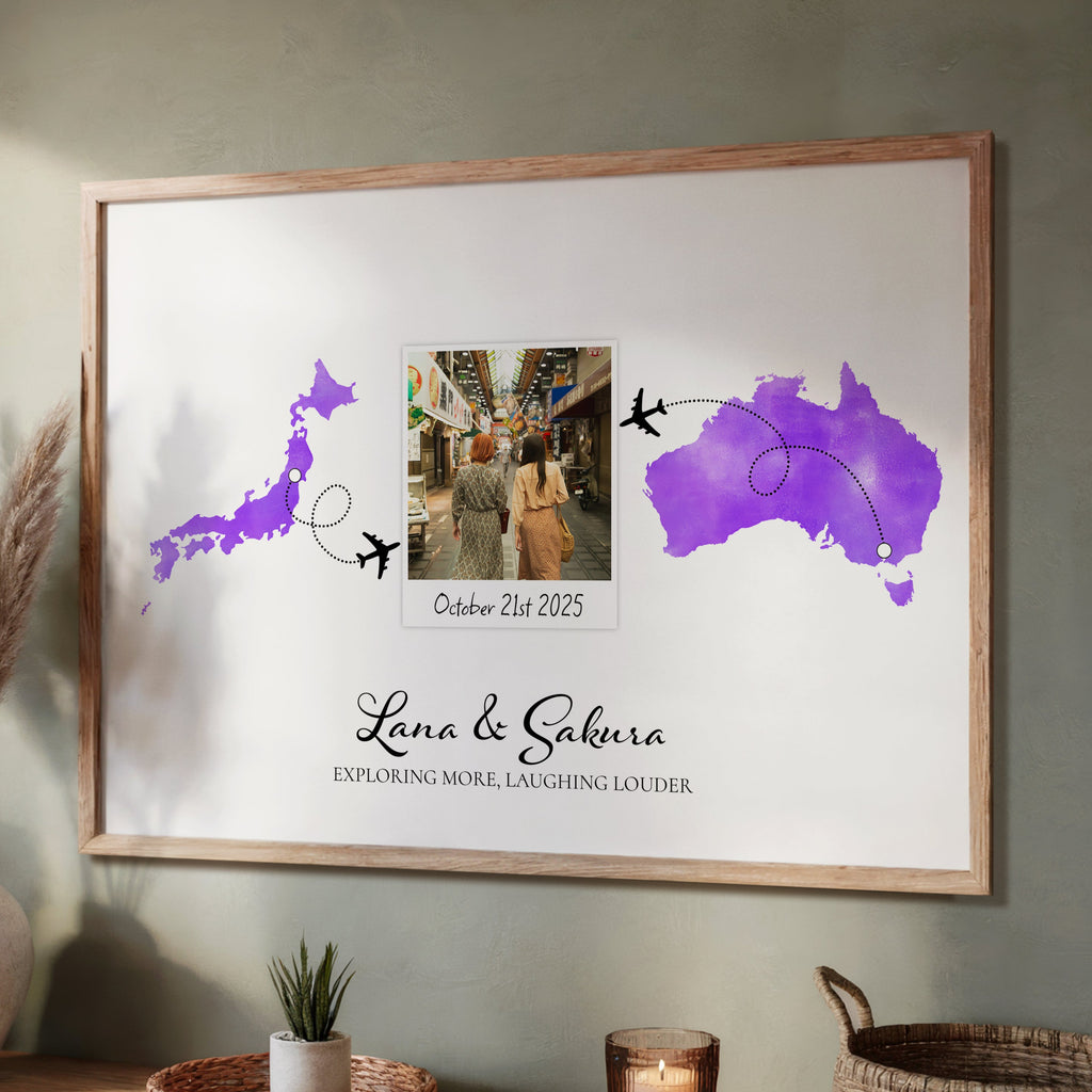 Personalised Polaroid Photo Travel Map Print – Any Two Locations – The Perfect Gift for Travel Besties
