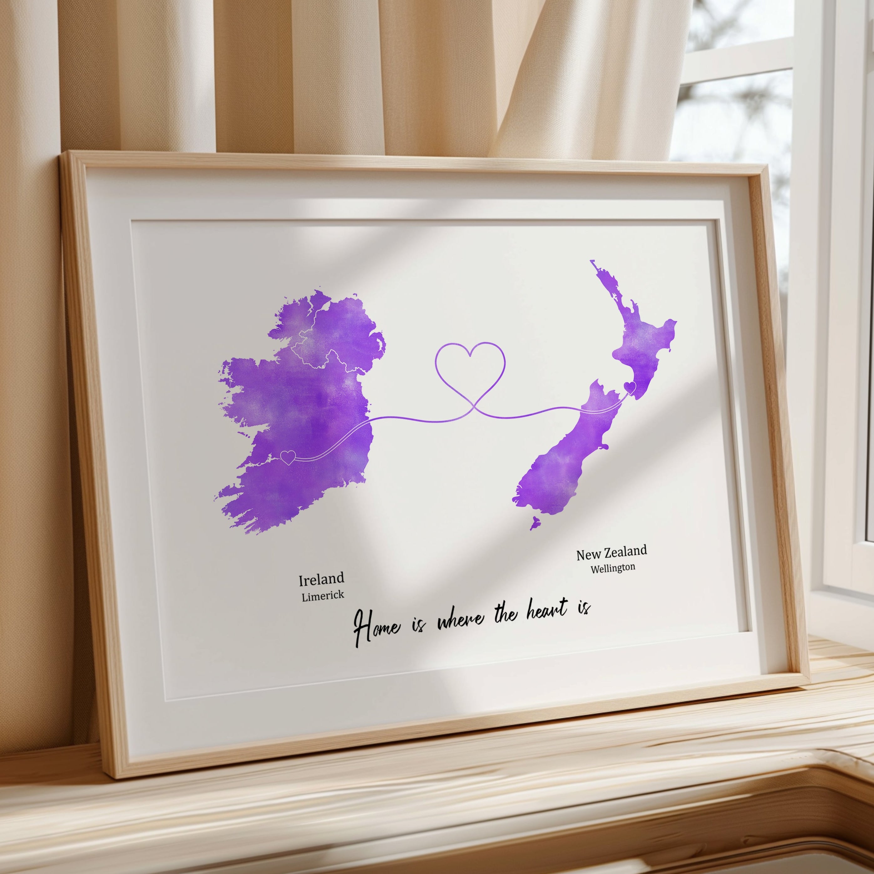 Personalised Travel Map Print – Any Two Locations – Heart Link Design