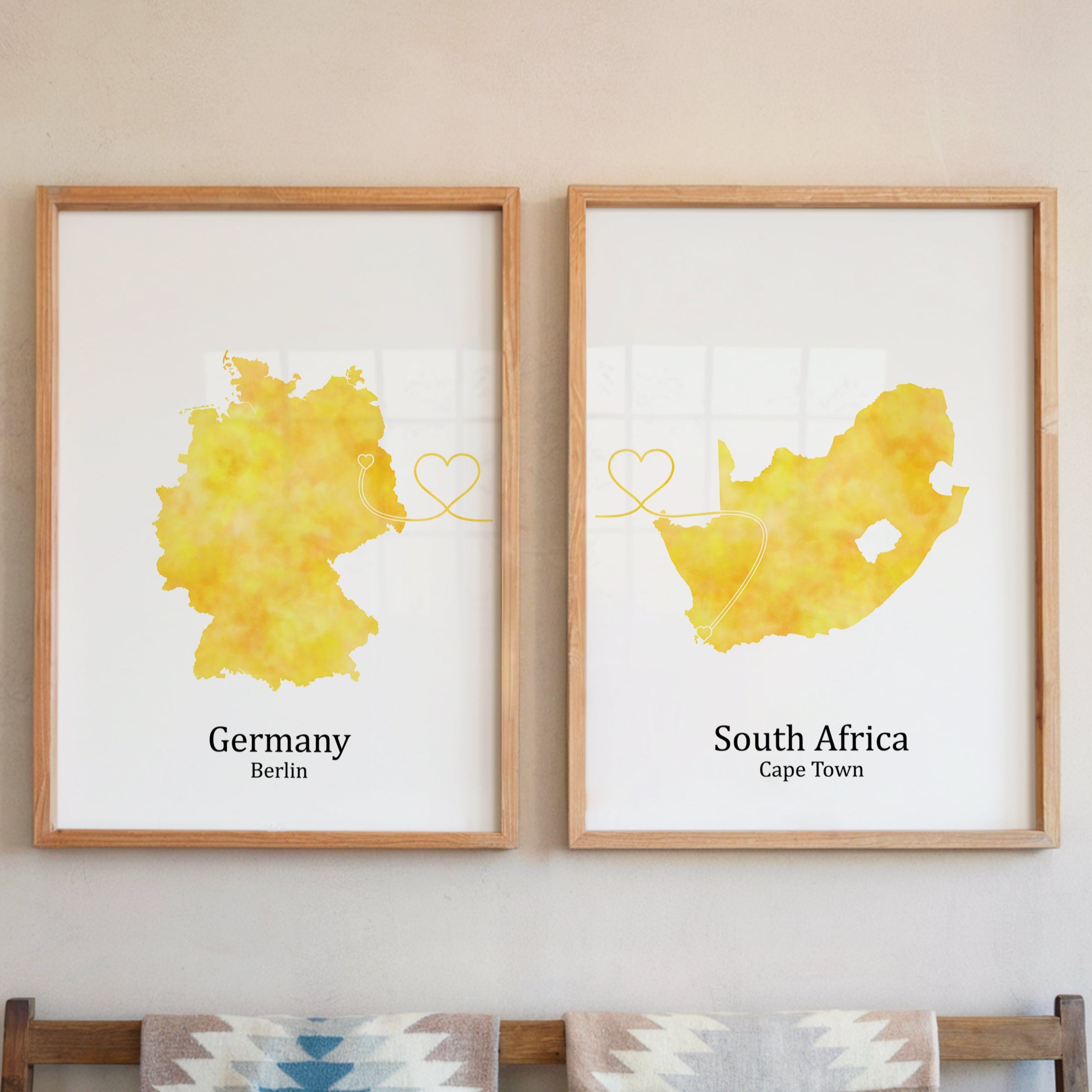 Personalized Country Travel Art Prints – Set of Two Posters – Heart Link Design