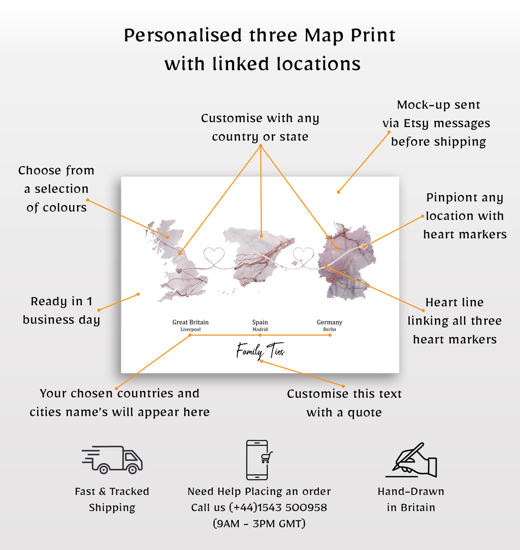 Personalised Three Location Print 2.0 - Light Marble Effect - Custom Line