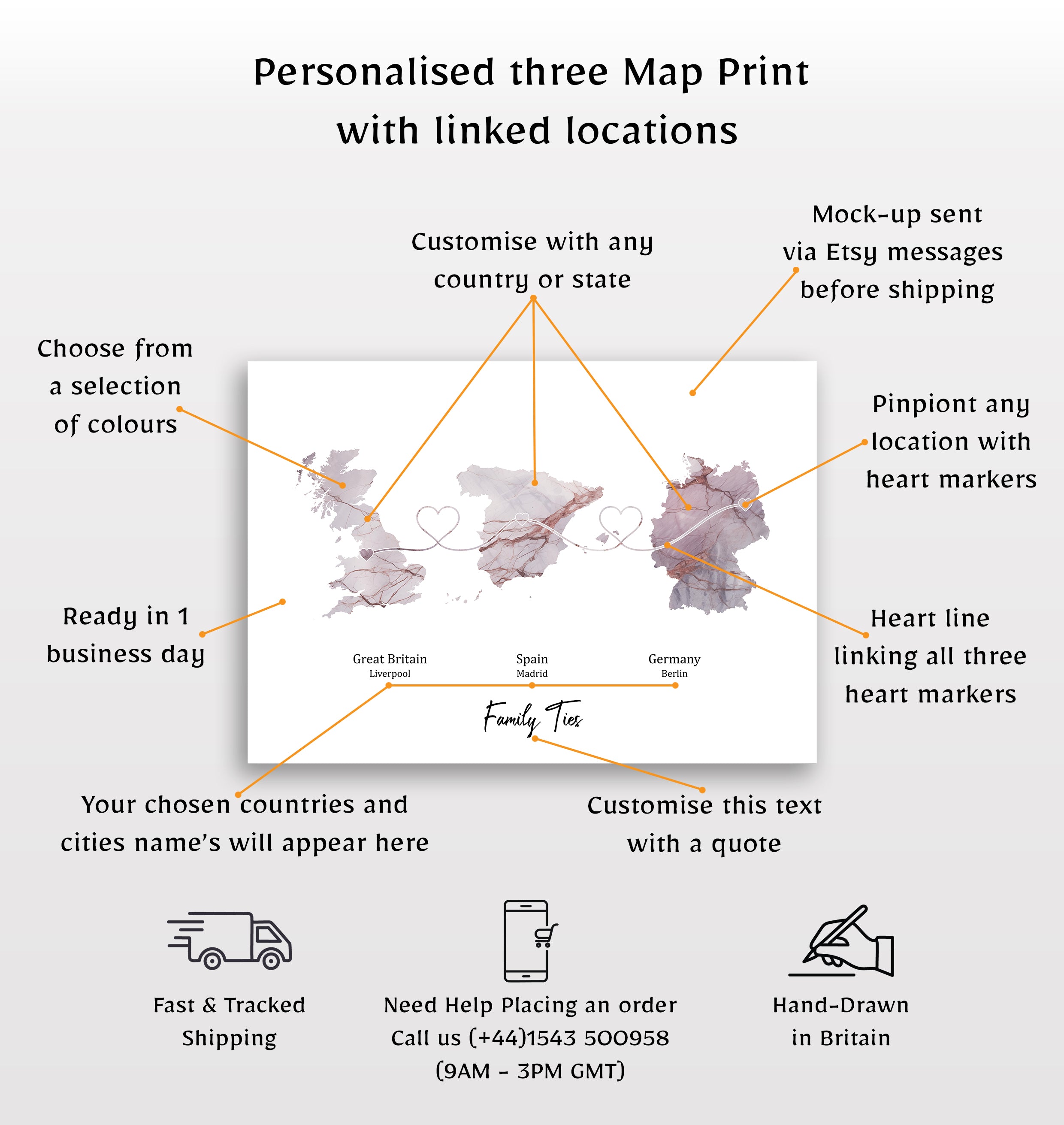 Personalised Three Location Print 2.0 - Light Marble Effect - Custom Line