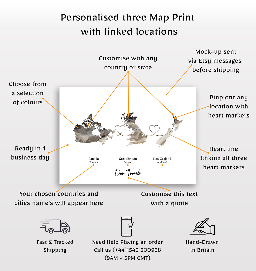 Personalised Three Location Print 2.0 - Dark Marble Effect - Custom Line