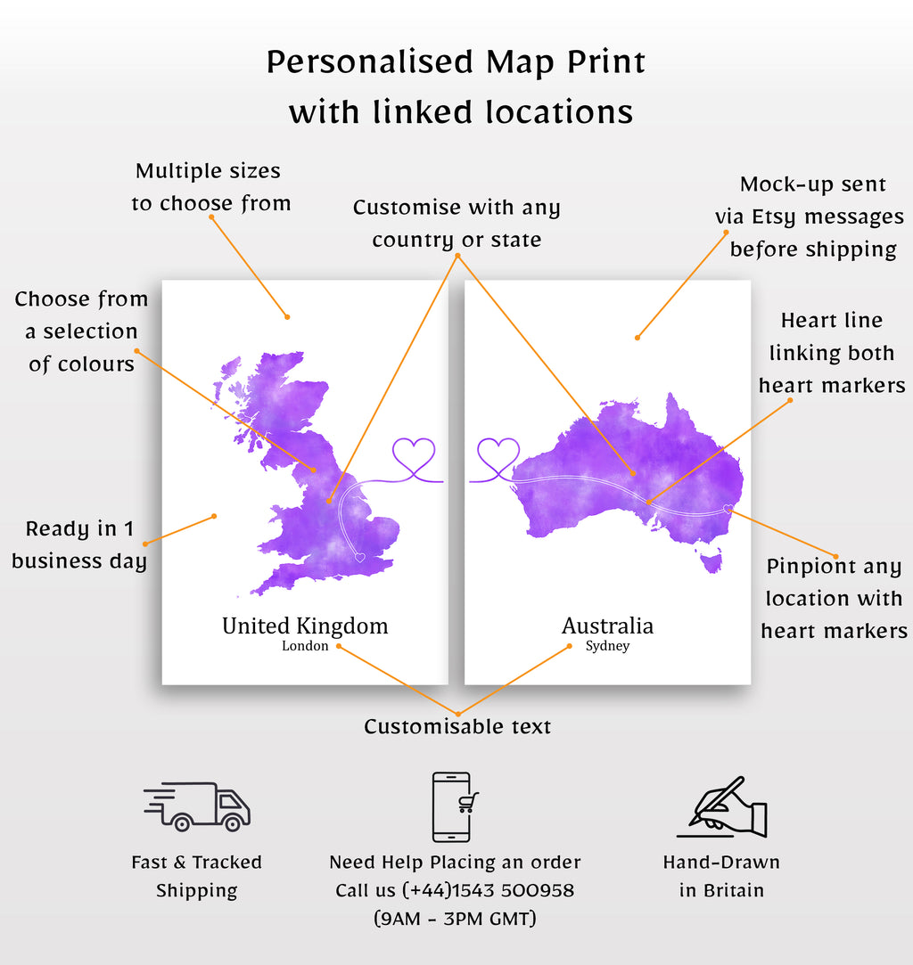 Personalized Country Travel Art Prints – Set of Two Posters – Heart Link Design