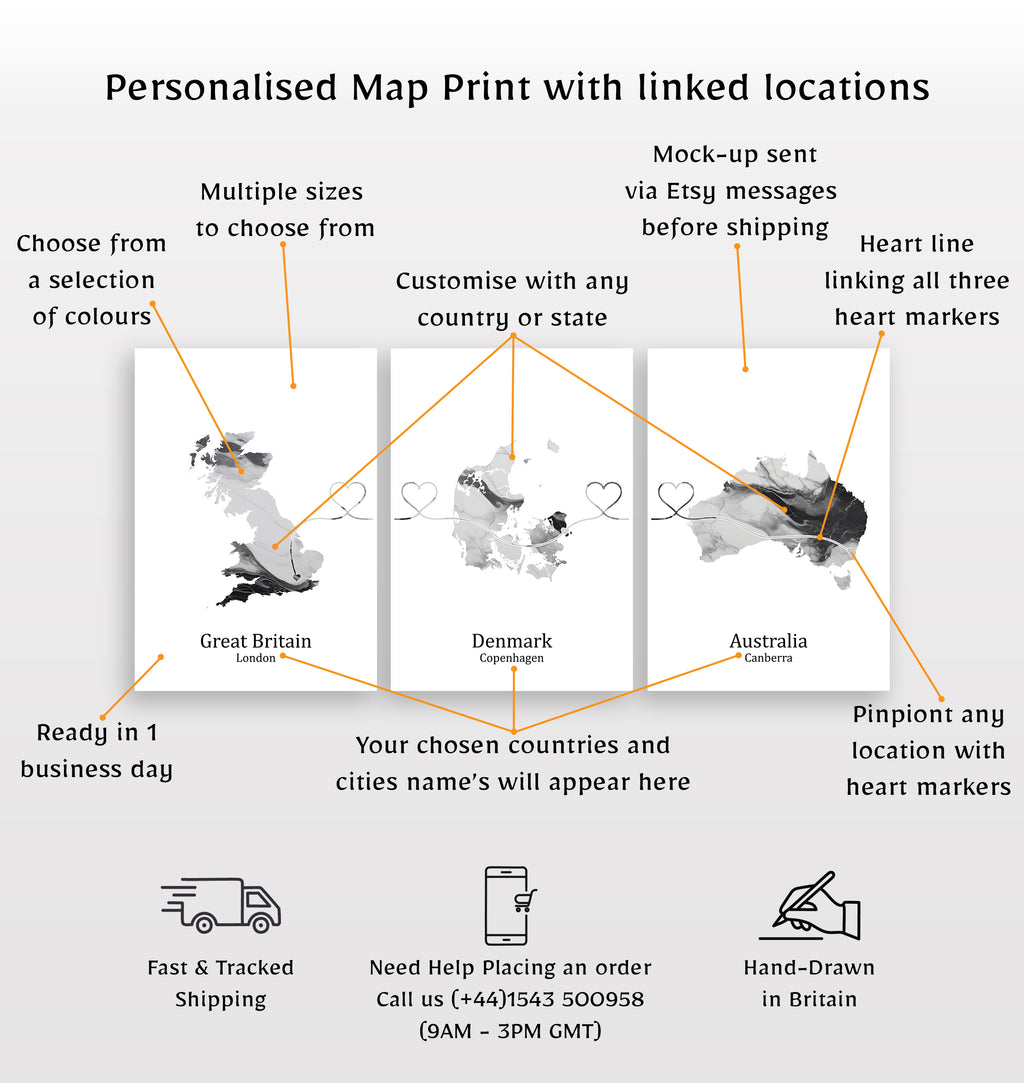 Personalised Light Marble Effect Three Location Prints