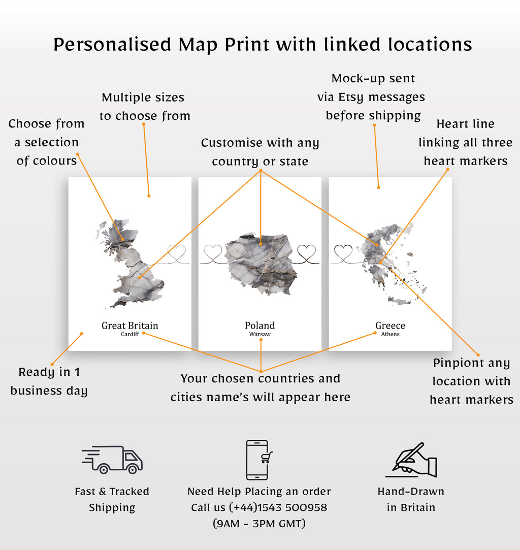 Personalised Dark Marble Effect Three Location Prints