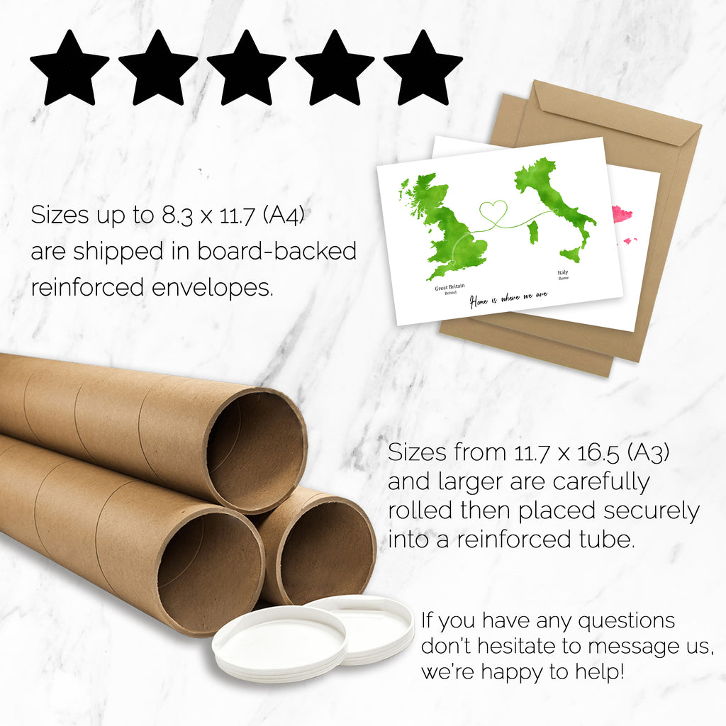 Personalised Travel Map Print – Any Two Locations – Heart Link Design